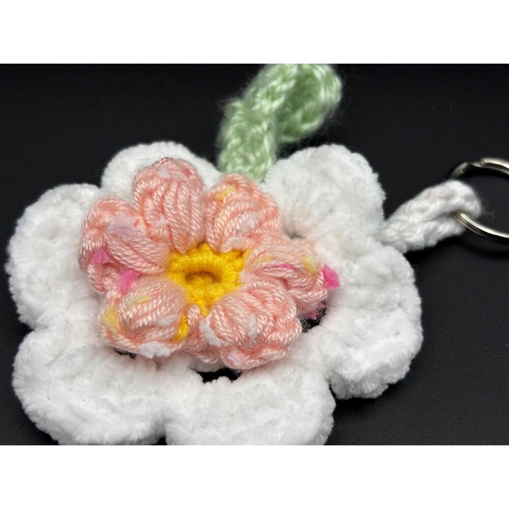 Handmade Crochet Flower Keychain: Pink Button Detail